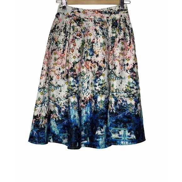 Jenn Womens A Line Skirt White Blue Floral Splashed Pocket Back‎ Zipper S New - Picture 1 of 10